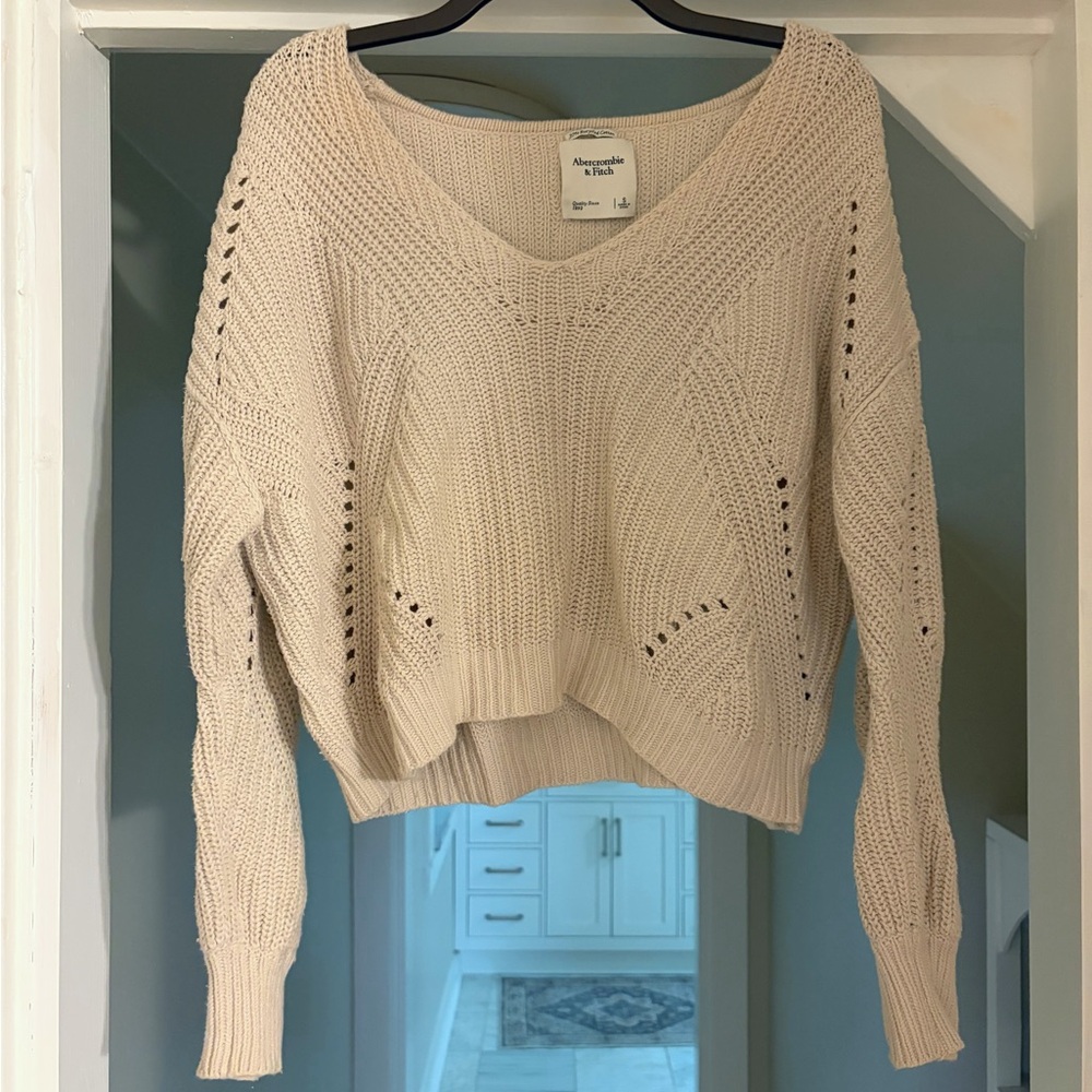 Abercrombie & Fitch Women's Cream Open‑Knit V‑Neck Sweater